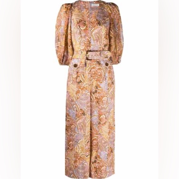 Zimmermann Brown Concert Belted Paisley-print Linen And Ramie Jumpsuit Size AU 1 - Picture 9 of 12
